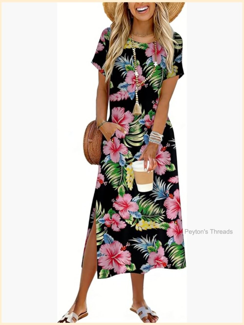 Maxi Dress with Pockets Short Sleeve Split Swing Sundress